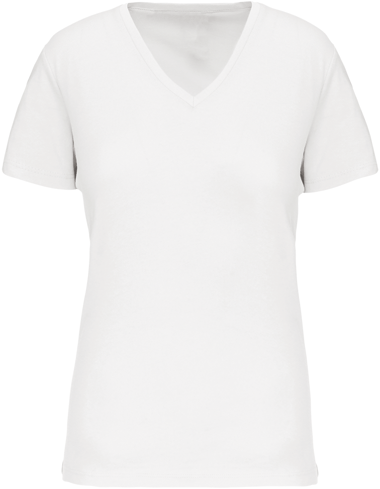 K3029 – Dames biokatoen V hals T-shirt ontwerpen en bedrukken 464231