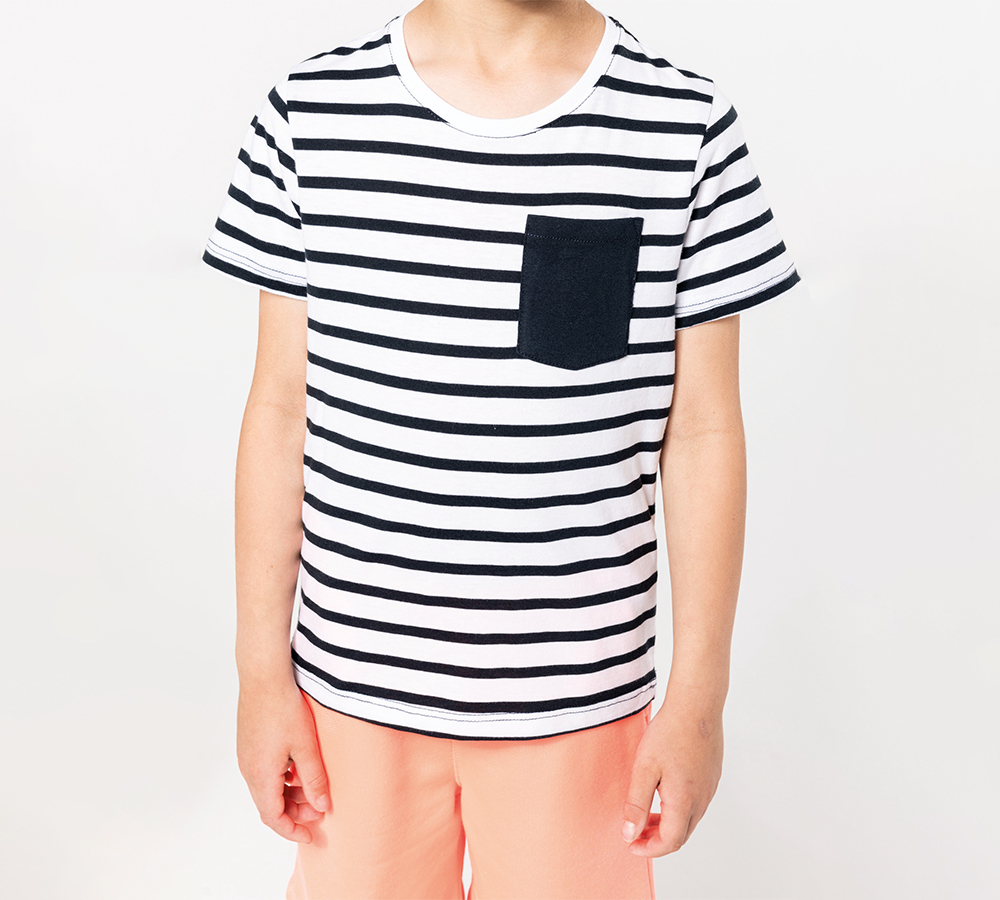 Hechting weduwe Makkelijk in de omgang K379 - Gestreept kinder T-shirt met zak ontwerpen en bedrukken | Shirt  Discounter