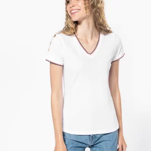 k394 - dames piqué t-shirt met v-hals ontwerpen en bedrukken - goedkoop bedrukt t-shirt