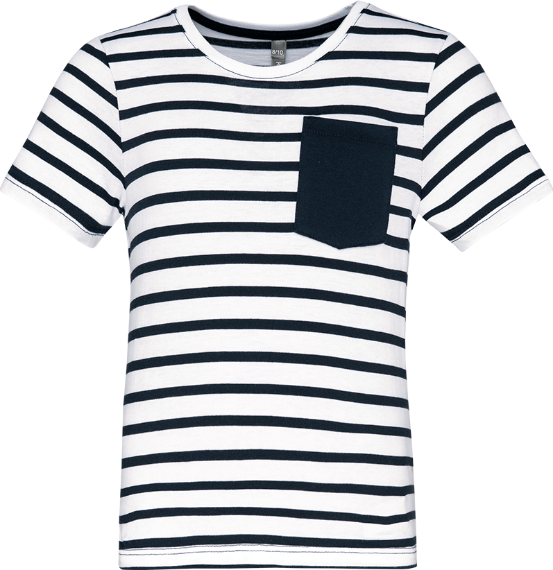 K379 – Gestreept kinder T-shirt met zak ontwerpen en bedrukken 467447